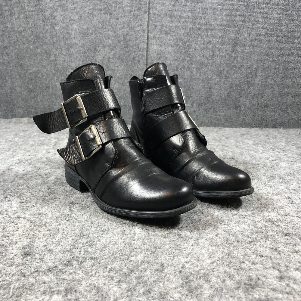Miz Mooz Limelight Ankle Boots Womens 6 Black Leather Buckle Zip Biker Booties